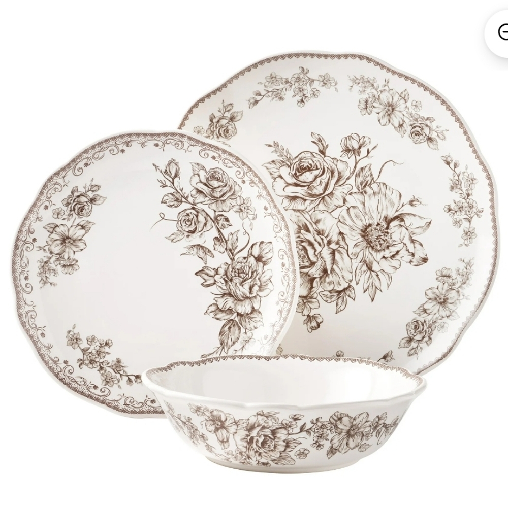 🤎 2025 12 Piece Pioneer Woman Elegant Agatha Brown Floral  Dinnerware Set